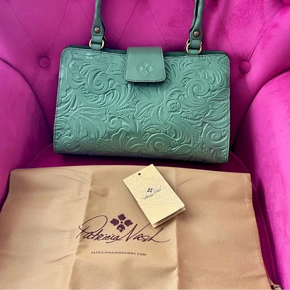 Patricia Nash Green Western Floral Embossed Leather Handbag New - Picture 2 of 8